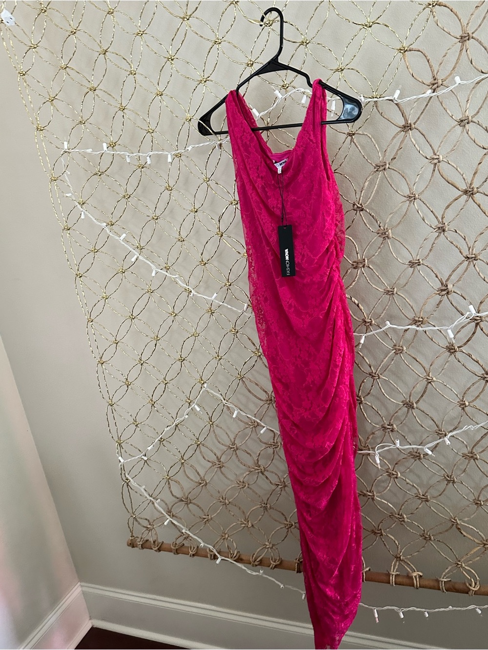 Fuchsia Lace Ruched Maxi Dress - Women